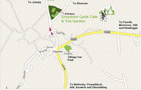 Mp showing Greystoke location and recommended roadside parking for Cycle Cafe - alternatively use the free village car park