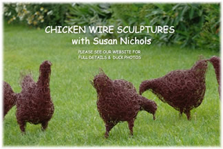Hen Sculptures in Wire at Greystoke Cycle Cafe